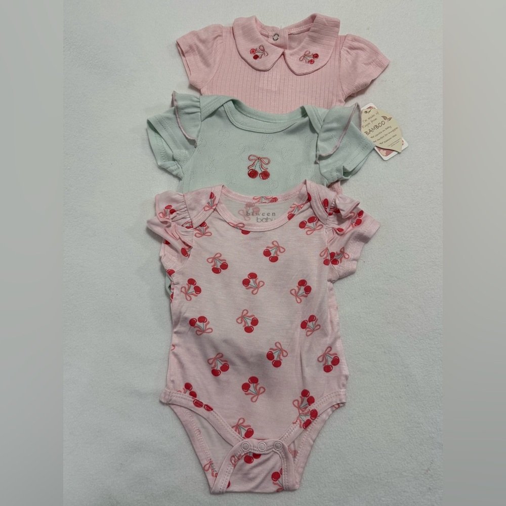 btween baby Infant Girl 3M Pink Mint Cherry Print 1-Piece Bamboo Bodysuits 3-Pak